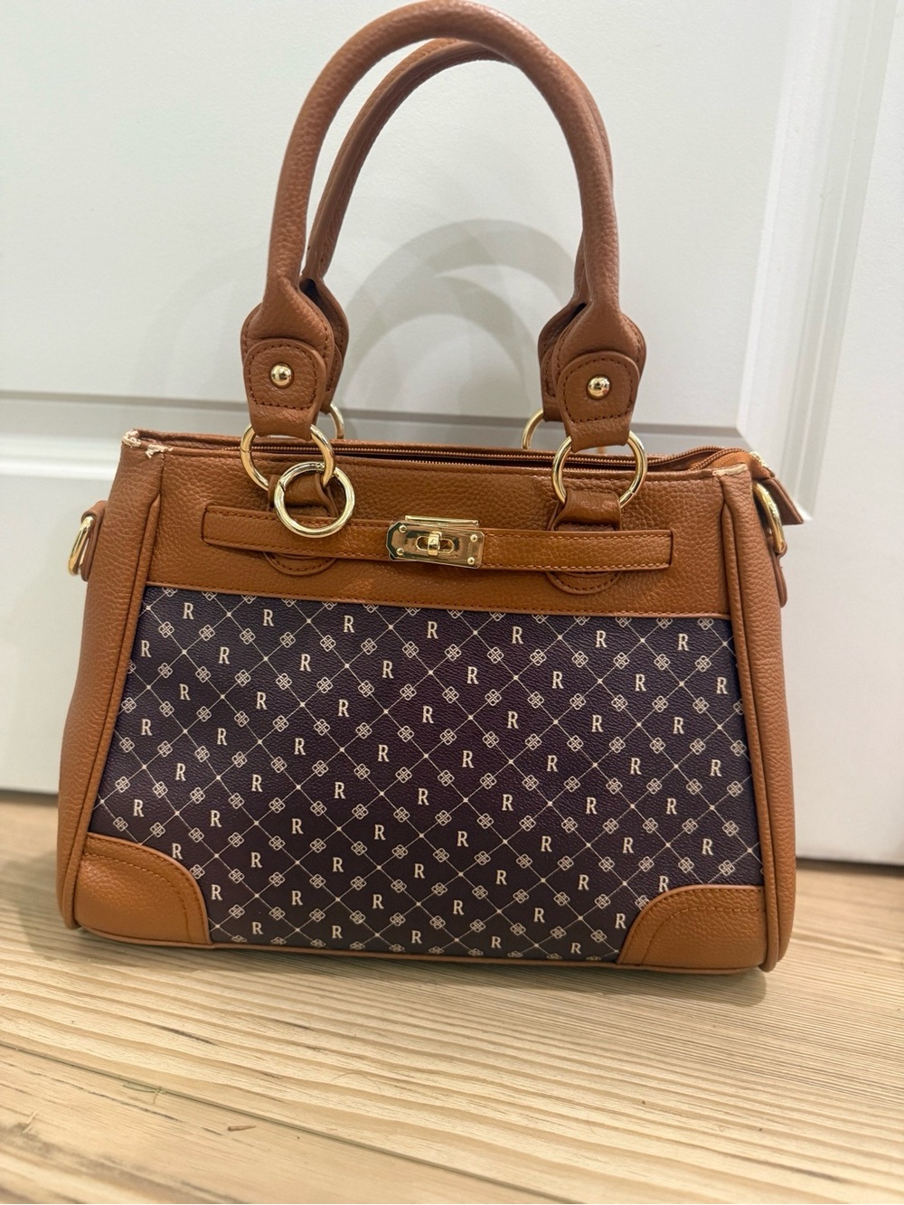 The Danbury Mint Monogram Structured Satchel Brown Faux Leather Top Handle Cross - Picture 7 of 9